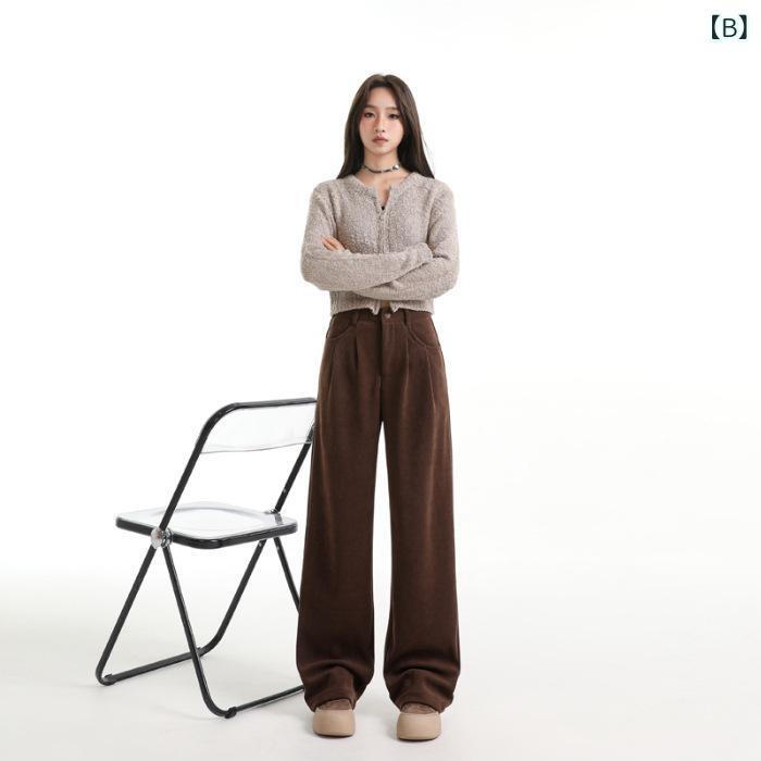 mandarinoのワイドパンツ コーデュロイ レディース ロング丈 ストレッチ素材 美脚効果 体型カバー スラックス ボトムス オフィス 通勤スタイル ストレート 穿き心地 動きやすい ウエストゴム 落ち感 センタープレス見え ゆったり 楽ちん 普段使い 着回し抜群 縦ラ｜アングル2