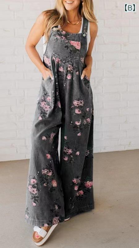mandarinoのサロペット レディース デニム 花柄 ノースリーブ つなぎ オールインワン ワイドパンツ カジュアル かわいい 春夏 爽やか 体型カバー 通気性 ゆったりとしたシルエット 着脱しやすい おしゃれ｜アングル2