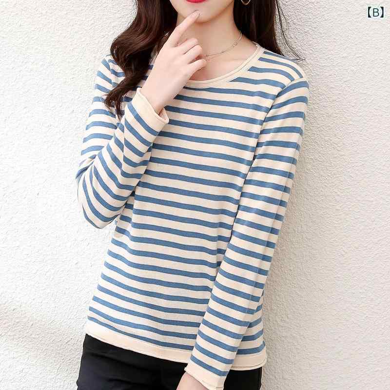 mandarinoのニット レディース 長袖 カットソー クルーネック ボーダー 綿 コットン トップス 秋服 春服 プルオーバー ティーシャツ カジュアル シンプル 無地 インナー 重ね着 部屋着 洗える 柔らかい 伸縮性 事務服 通勤 通学 普段着｜アングル2
