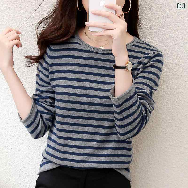 mandarinoのニット レディース 長袖 カットソー クルーネック ボーダー 綿 コットン トップス 秋服 春服 プルオーバー ティーシャツ カジュアル シンプル 無地 インナー 重ね着 部屋着 洗える 柔らかい 伸縮性 事務服 通勤 通学 普段着｜アングル3