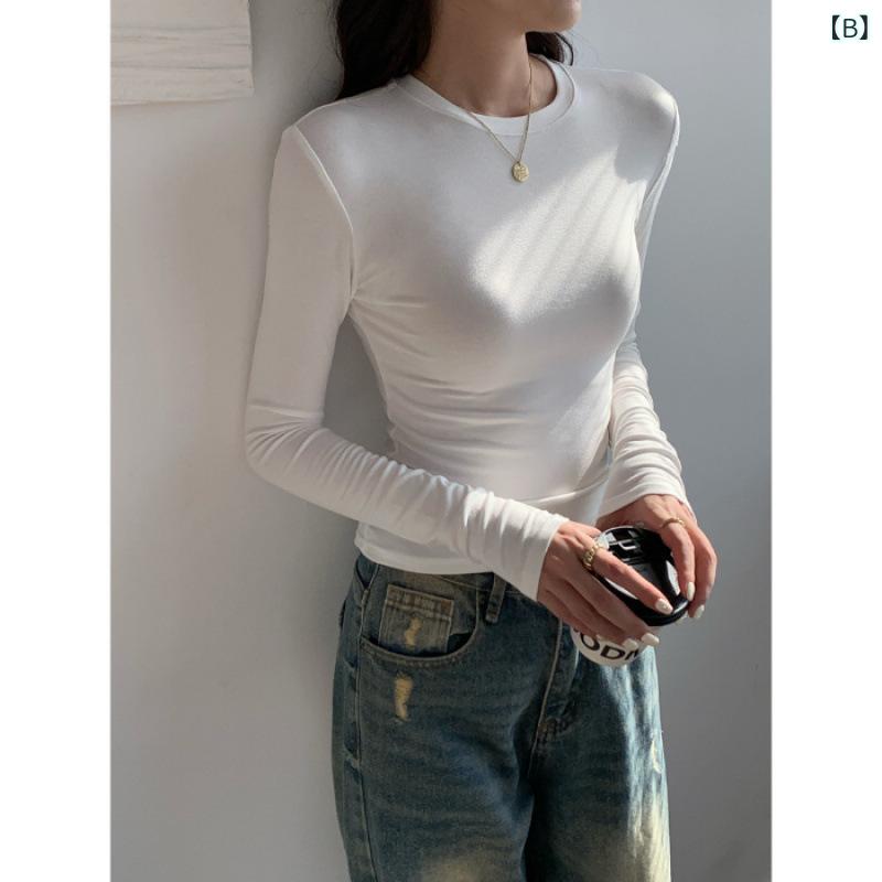mandarinoのTシャツ レディース 長袖 ロンT インナー クルーネック ストレッチ スリム コーマ綿 柔らかい 重ね着 トップス 秋冬 春 カジュアル 無地 シンプル カットソー 肌着 部屋着 普段着 着回し｜アングル2