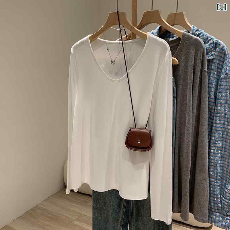 mandarinoの長袖Tシャツ レディース Vネック カットソー トップス コットン素材 綿混 無地 シンプル ゆったり シルク風なめらか質感 通気性 動きやすい 普段着 インナー 重ね着 カジュアル 春秋冬｜アングル3