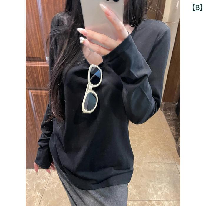 mandarinoの長袖Tシャツ レディース 綿100% カットソー Uネック スリット入り 着回し力 重ね着 インナーウェア 春秋 トップス カジュアル コーデ 抜け感 ラウンドヘム 動きやすい デイリー ロング丈 無地 ドロップショルダー 部屋着 体型カバー｜アングル2