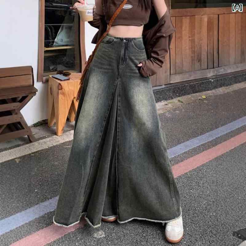 デニムスカート ロング Aライン ハイウエスト グレー コットン ミモレ丈 厚手 ボトムス レディース デイリー シンプル 無地 縦長効果 体型カバー 重ね着 普段使い お出かけ 通学 通勤 スリット 裾広がり ウエストゴム ウォッシュ加工 ヴィンテージ
