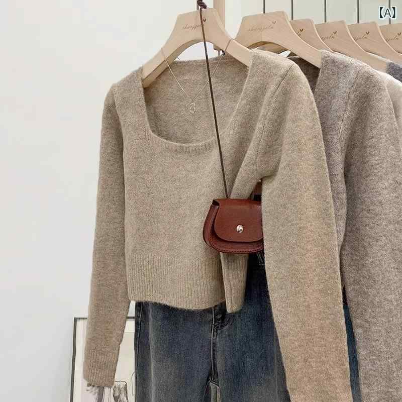 ニット セーター レディース スクエアネック トップス 厚手 リブニット 長袖 上品 小顔効果 着痩せ インナー 無地 シ…