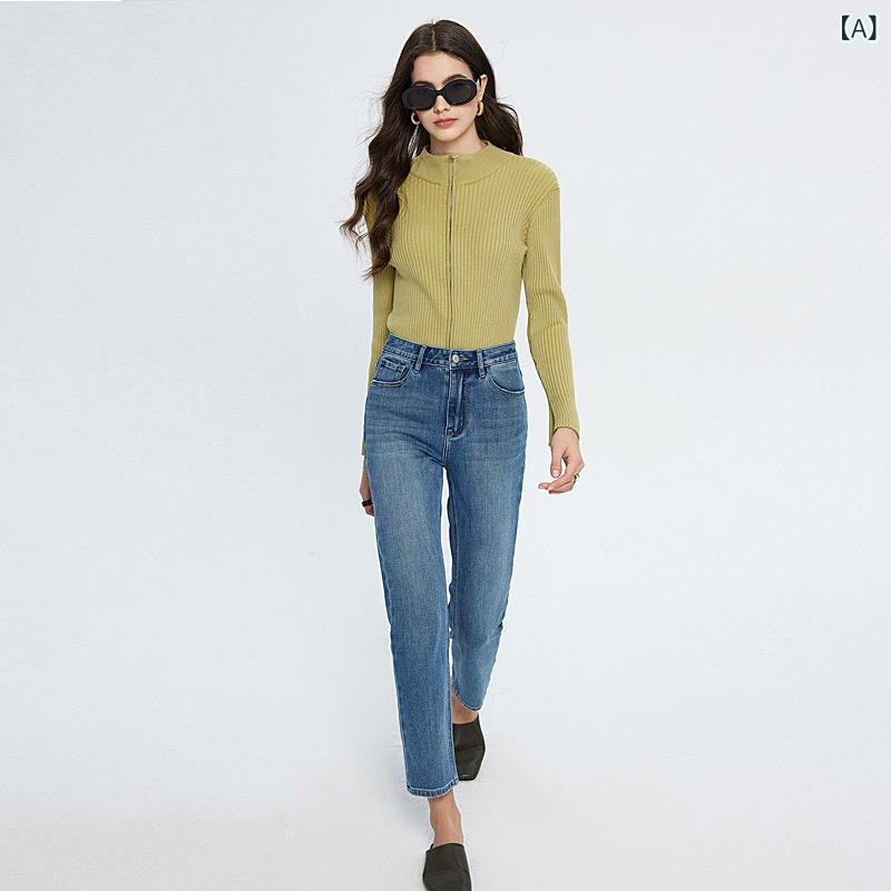 デニムパンツ レディース ストレッチ テーパード アンクル丈 美脚シルエット 四面伸縮素材 ストレート スキニー見え 通勤 ビンテージ加工 ハイウエスト 九分丈 動きやすい 履き心地重視 細見え 縦長効果 体型カバー お出かけ ボトムス