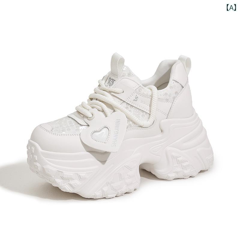 Shoes - スニーカー レディース 厚底 ダッドスニーカー インヒール 10cmアップ メッシュ 通気性 軽量 ローカット ウォーキング 散歩 通勤 通学 美脚 脚長効果 蒸れにくい 疲れにくい 歩きやすい 紐靴 シンプル 無地