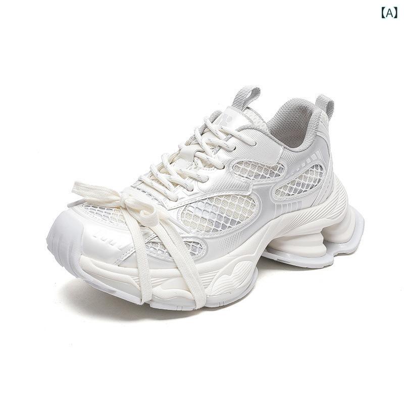 Shoes - 厚底スニーカー レディース ダッドスニーカー スポーツシューズ ウォーキングシューズ 革 メッシュ 通気性 蒸れにくい 紐靴 カジュアル 運動靴 5cmヒール 美脚 脚長 疲れにくい おしゃれ 春夏 旅行
