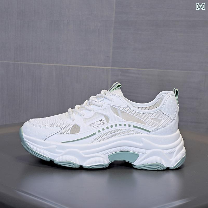 Shoes - スニーカー レディース 厚底 ダッドスニーカー メッシュ 通気性 軽量 蒸れにくい 歩きやすい 運動靴 スポーツ カジュアル ホワイト 5cmヒール ウォーキング ジョギング フィットネス シンプル 無地 疲れにくい
