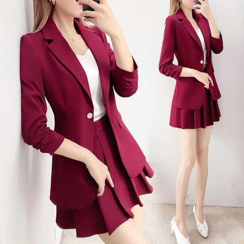 Suits For Job Interviews - レディース 赤 秋冬 テーラードジャケット プリーツスカート スーツセット 2点セット スタイリッシュ エレガント オフィススタイル ビジネスウェア