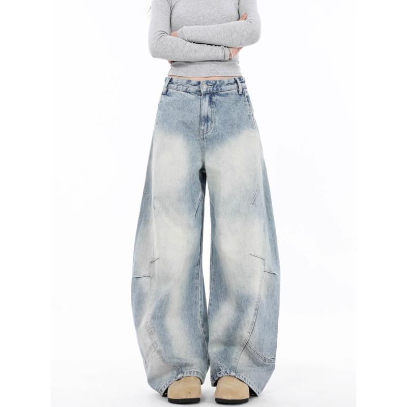 レディース デニムパンツ アメリカン レトロ ビンテージ加工 ライトブルー 切り替え ロング丈 バナナパンツ 春夏 カジュアル 普段使い ストレッチ コットン混 ワイドシルエット