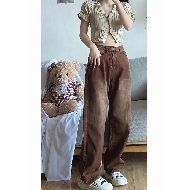 Cropped Pants - デニムパンツ レディース 大きめ サイズ ブラウン ゆったり ハイウエスト ワイドレッグ 夏用 スリム効果 ストレート デニム素材 普段使い