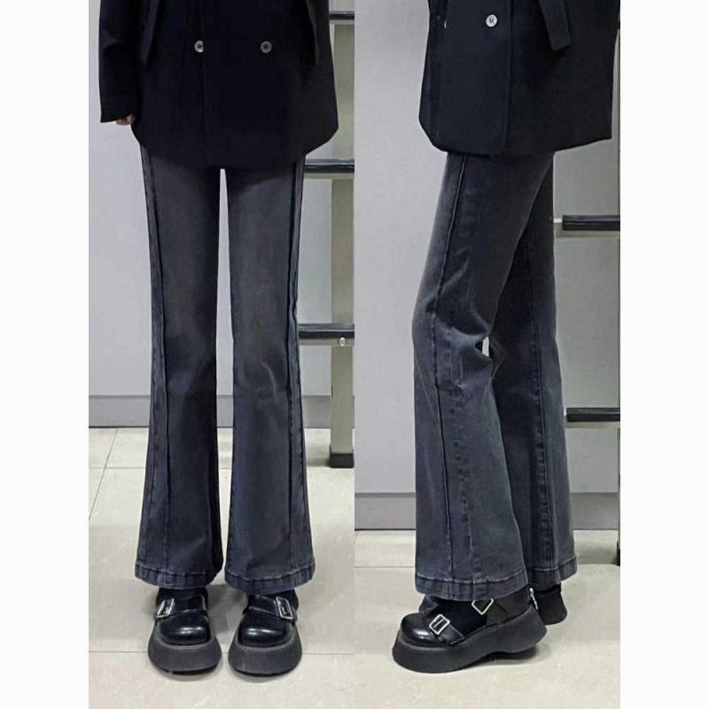 デニムパンツ レディース ダークグレー ハイウエスト 微フレア ロングパンツ ストレッチ性 春秋 大きめサイズ ぽっちゃり対応 お腹カバー 暖か裏地 厚手生地 カジュアル 普段使い 伸縮素材 シルエット 性