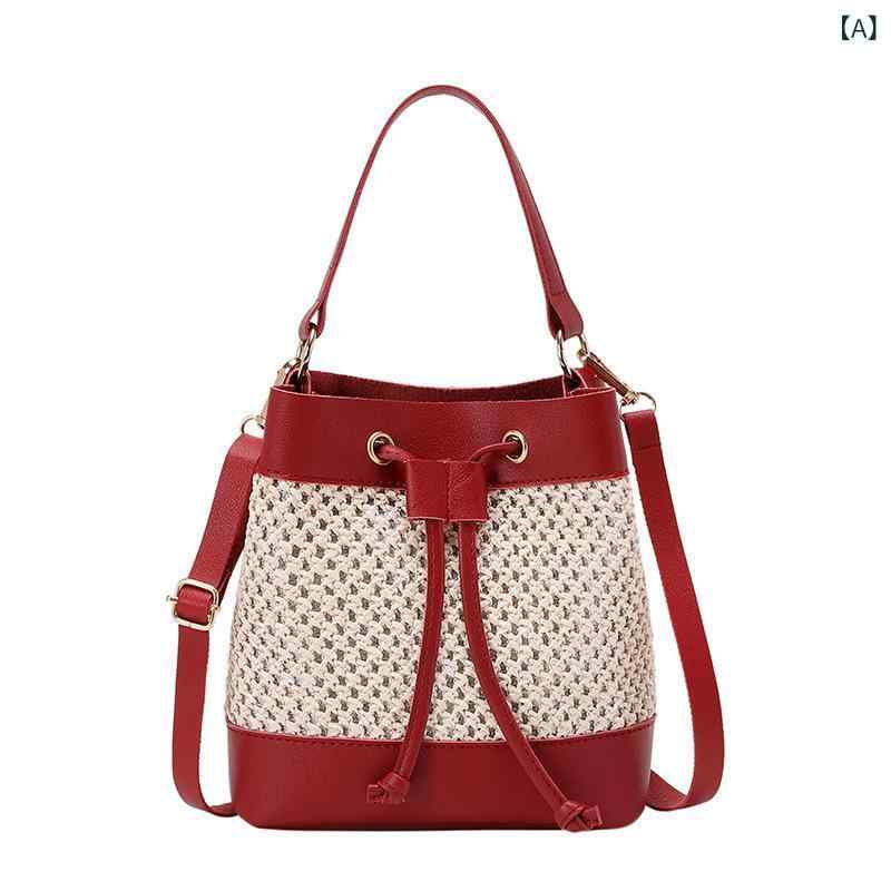 かごバッグ レディース ショルダーバッグ バケツバッグ ストローバッグ 斜めがけ 肩掛け 巾着 縦型 透かし編み 配色 バイカラー 裏地付き 自立 軽量 海 ビーチ リゾート 旅行 夏 お出かけ 祭り 浴衣 カジュアル 鞄 カバン