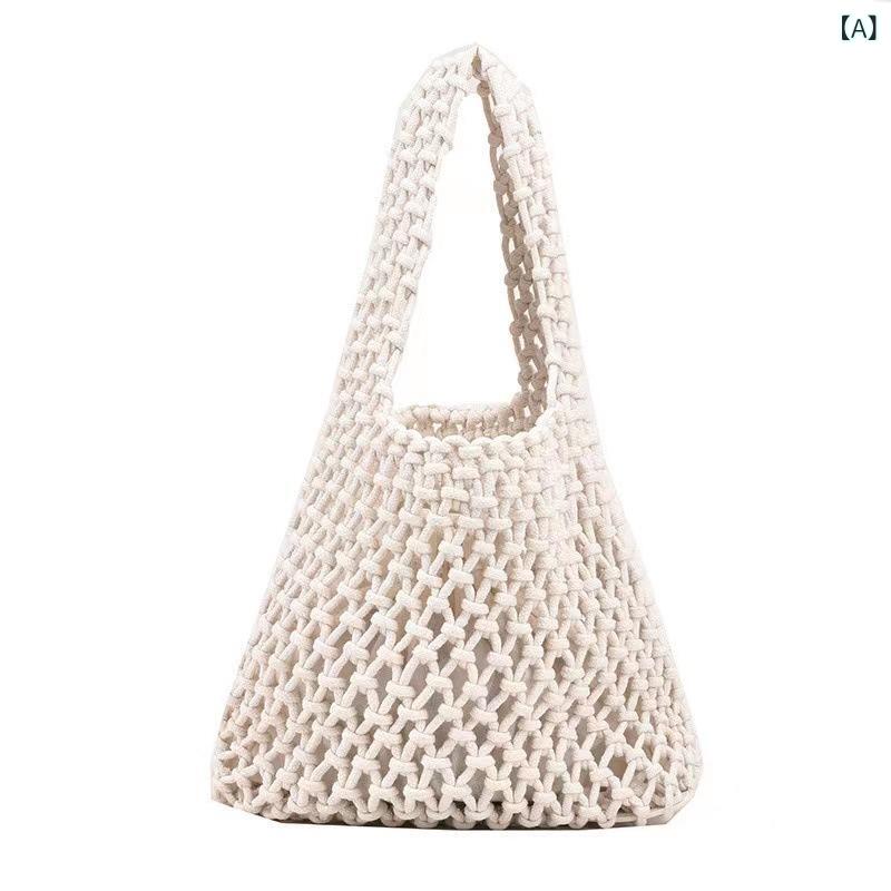 ハンドバッグ メッシュ 編みバッグ バケツ型 コットン ロープ 手提げ カバン 海 ビーチ リゾート 夏 旅行 浴衣 買い物 エコバッグ サブバッグ ナチュラル シンプル 軽量 涼しげ 散歩 裏地なし ネットバッグ