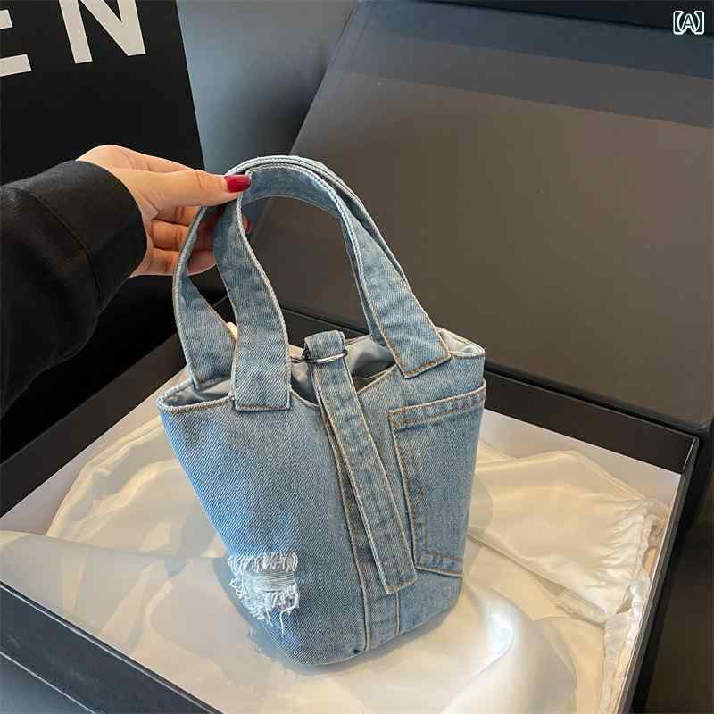 ハンドバッグ レディース デニム バケツ型 ミニトートバッグ 軽量 手提げバッグ 鞄 かばん カジュアル シンプル 無地 丈夫 お出かけ 散..