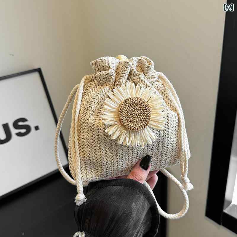 ショルダーバッグ レディース 巾着型 編みバッグ 斜めがけ フラワーモチーフ バケツ型 かごバッグ 浴衣用 和装バッグ お出かけ 旅行用 カジュアル 春夏 かわいい おしゃれ シンプル 小さめ ポシェット
