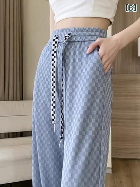 ワイドパンツ レディース 接触冷感 チェック柄 ワイド ハイウエスト ボトムス ロン...