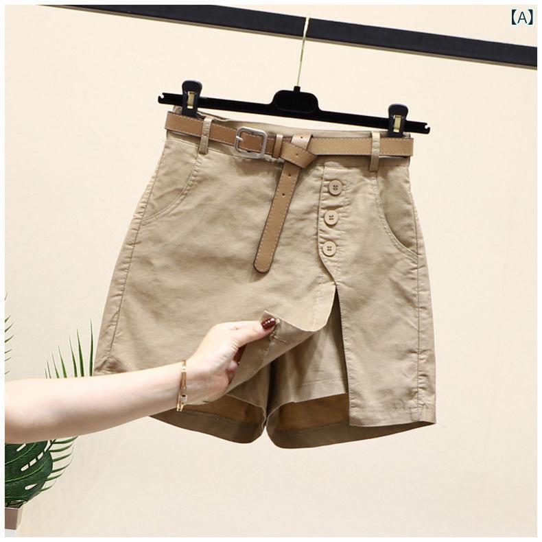 ショートパンツ レディース ハイウエスト ワイドパンツ Aライン 膝上丈 夏用薄手素材 涼しいゆったりシルエット センタープレス スーツ生地無地 カジュアル美脚 動きやすいウエストゴム 事務服 通勤通学オフィス カーキ