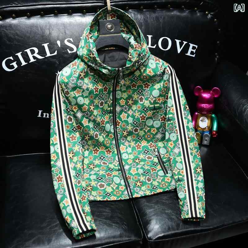 ジャケット メンズ ライトアウター ブルゾン ジャンパー フード付き プリント 長袖 カジュアル 春物 秋物 トップス 羽織り ジップアップ スポーティー ストリート ファッション 普段着 軽量 防風