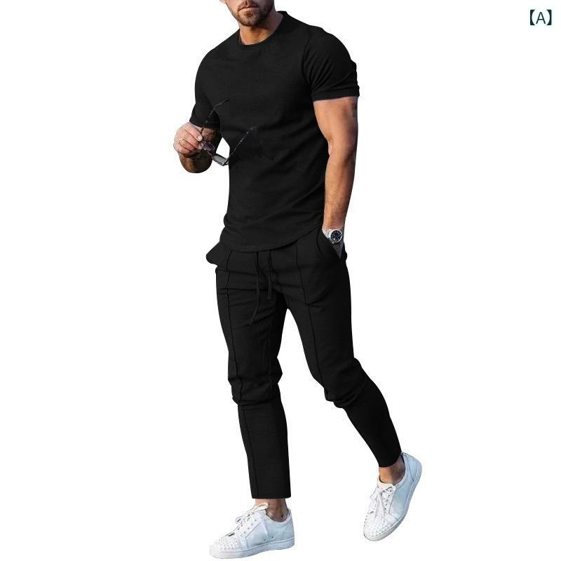セットアップ メンズ Tシャツ 半袖 ロングパンツ 上下セット 無地 2点セット ルームウェア パジャマ 部屋着 カジュアル シンプル クルーネック 大きいサイズ ワンマイルウェア 夏 春 涼しい スポーツ 快適