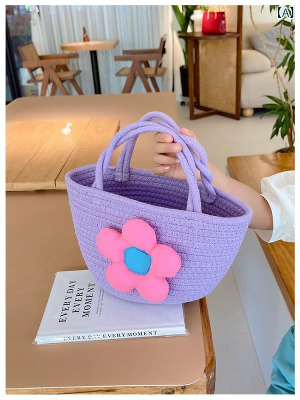 かごバッグ キッズ 女の子 草編み 手提げバッグ フラワーモチーフ 花飾り ミニバッグ トートバッグ ビーチバッグ 海 夏 浴衣 お出かけ 撮影用 麦わら サマーバッグ かわいい 軽量 幼稚園 小学生 プレゼント