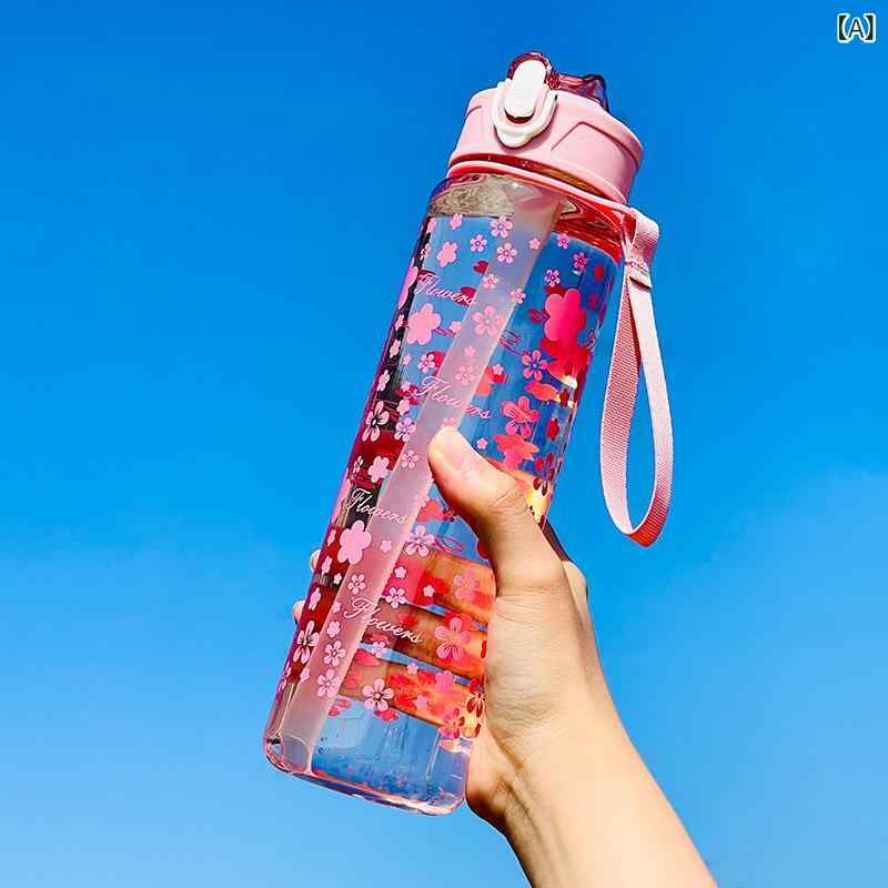 水筒 ストロー付き ワンタッチ 軽量 プラスチックボトル プリント ハンドル付き 持ち運び便利 オフィスアウトドア通学通勤用 漏れ防止直飲みボトル 透明クリアマイボトル 大容量丈夫なマグボトル 広口で洗いやすい