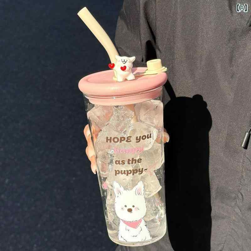 グラス ストロー付き 大容量 タンブラー 耐熱 ガラス コップ おしゃれ 犬 キャラクター 蓋付き 透明 持ち運び オフィス 学校 子供 大人 かわいい 水筒 マイボトル キッチン用品 インテリア ギフト プレゼント