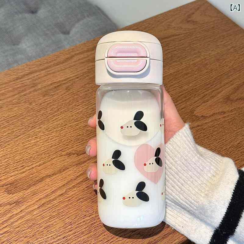 水筒 ストロー付き ガラス 耐熱 ワンタッチ 子供用 ガラスボトル 透明 蓋付き 持ち運び 洗いやすい おしゃれ かわいい キャラクター 450ml マイボトル 直飲み 遠足 通学 学校 入園 入学 運動会 ピクニック