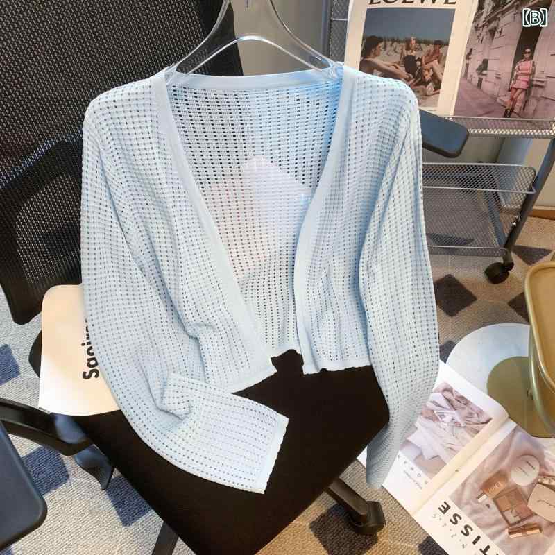 mandarinoのカーディガン レディース UVカット 日焼け防止 冷房対策 ショート丈 サマーニット ボレロ 羽織り トップス 薄手 透け感 長袖 無地 洗える オフィス カジュアル 旅行 ビーチ 海 プール シンプル 前開き｜アングル2