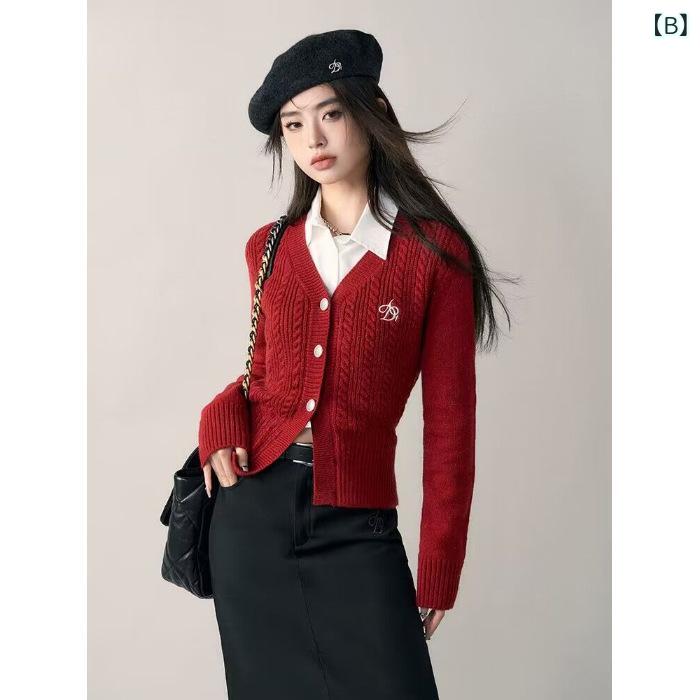 mandarinoのカーディガン レディース Vネック 長袖 ニットセーター 前開き 刺しゅう ワンポイント スリム 事務服 スクール 羽織り 春秋冬 オフィス カジュアル フォーマル 紺 ネイビー シンプル 重ね着 無地｜アングル2