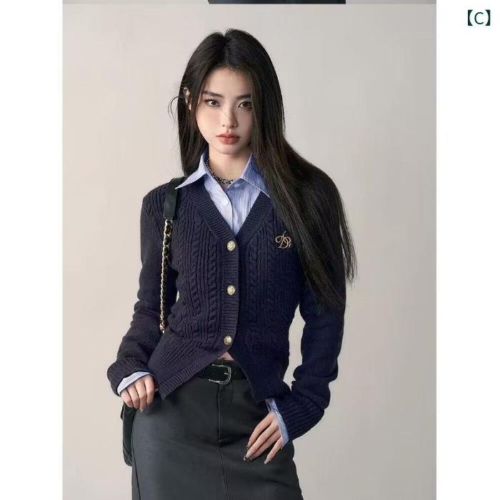 mandarinoのカーディガン レディース Vネック 長袖 ニットセーター 前開き 刺しゅう ワンポイント スリム 事務服 スクール 羽織り 春秋冬 オフィス カジュアル フォーマル 紺 ネイビー シンプル 重ね着 無地｜アングル3