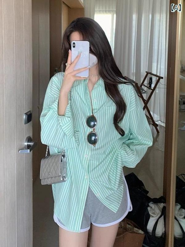 シャツ レディース ストライプシャツ グリーン 長袖シャツ 襟付き ゆったり トップス 薄手 羽織り UV対策 カジュアル 春夏 ブラウス ビッグシルエット オーバーサイズ 体型カバー 前開き ボタン 日焼け防止