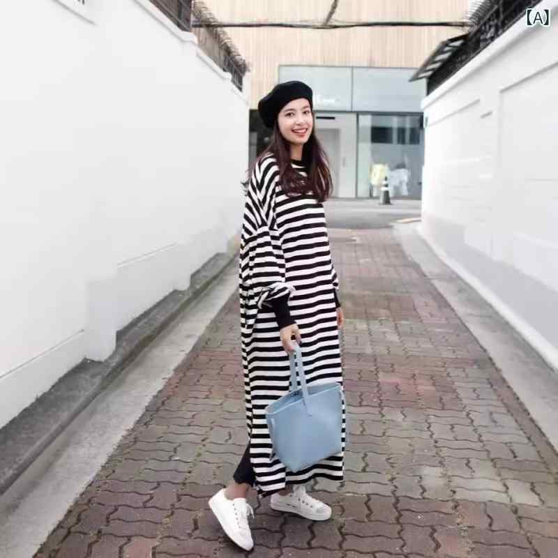 Zori, Bag - ワンピース レディース ストライプ ロングワンピース 長袖 サイドスリット マキシ丈 ゆったり Aライン 体型カバー カジュアル オフィスカジュアル クルーネック プルオーバー 春秋冬 部屋着 普段着 通勤 通学 お出かけ シンプル