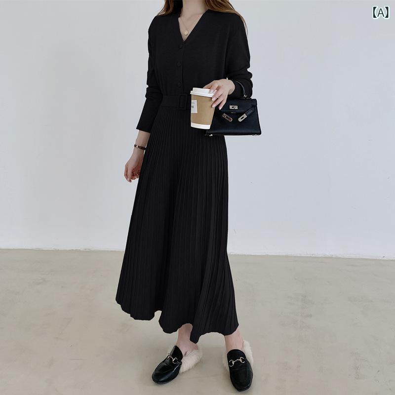 ニットワンピース レディース Vネック ウエストリボン ロング丈 プリーツ 切り替え Aライン 長袖 前開き ボタン 厚手 無地 暖かい お出かけ デート 普段使い 伸縮性 ゆったり 楽ちん 体型カバー 秋冬 マキシ丈 ワンピ