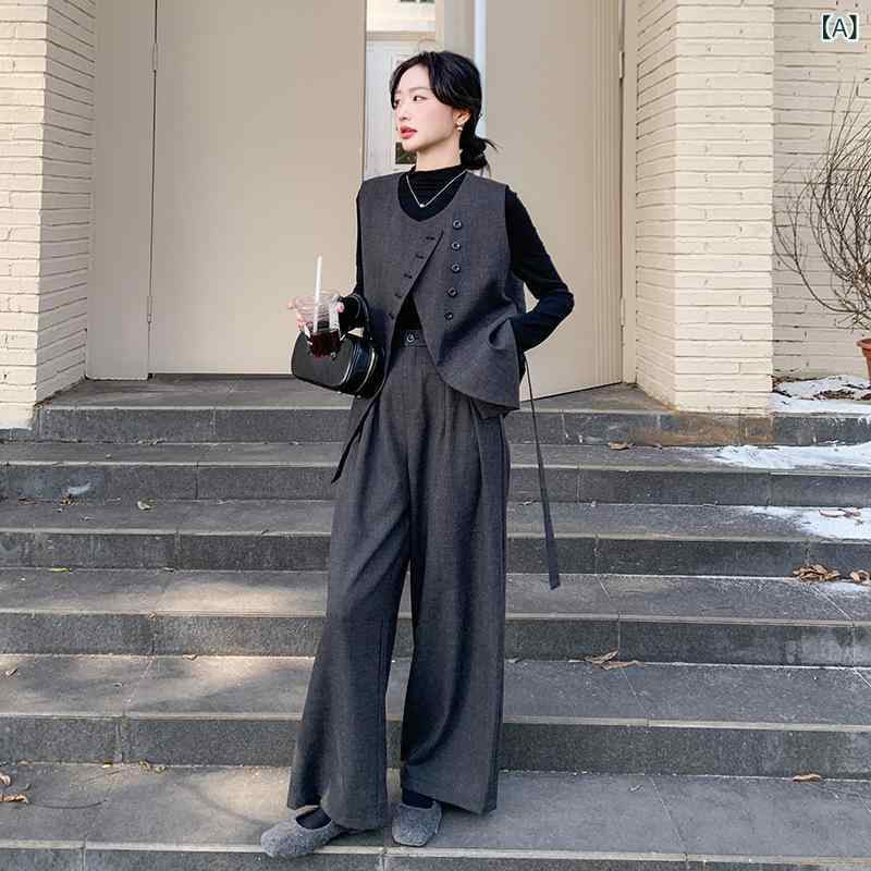 パンツスーツ レディース 三点セット フォーマル ジレ ワイドパンツ 無地 グレー 春秋 オフィス  ...
