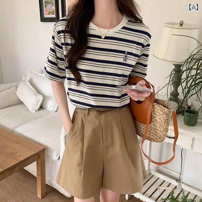 Tシャツ レディース 半袖 クルーネック 綿100% 刺繍 ボーダー トップス カットソー 夏服 ゆったり ワンマイルウェア カジュアル 大きい..