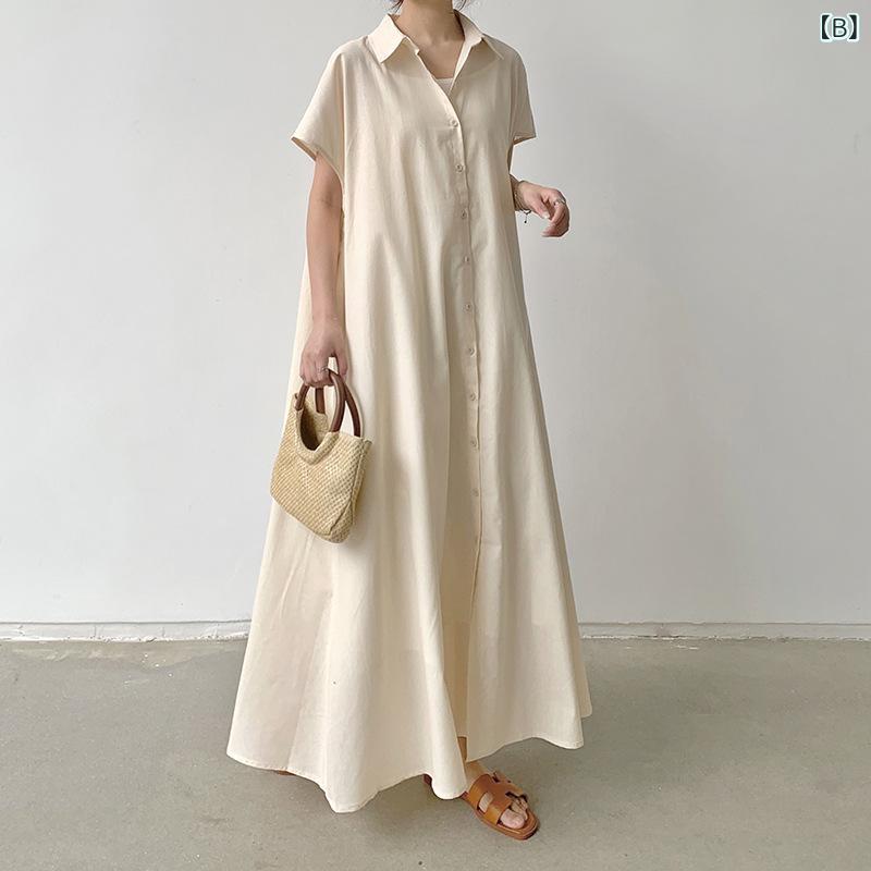 mandarinoのワンピース レディース 半袖 綿麻 シャツワンピース ひざ丈 襟付き 前開き ボタン カジュアル ゆったり 体型カバー シンプル コットンリネン 涼しい 春夏 ナチュラル 部屋着 無地 通気性 軽い Aライン｜アングル2