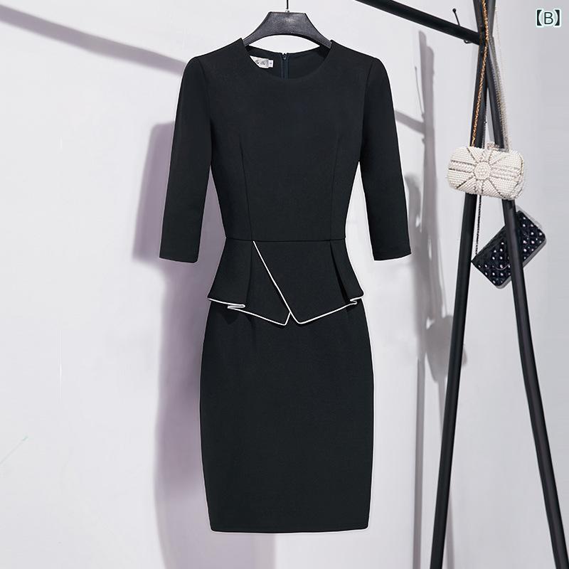 mandarinoのワンピース レディース 事務服 制服 膝丈 タイトワンピース 五分袖 重ね着風 切り替え エステユニフォーム 美容クリニック制服 接客用 ワークウェア ホテル フロント ビジネス オフィス フォーマル 大きいサイズ｜アングル2