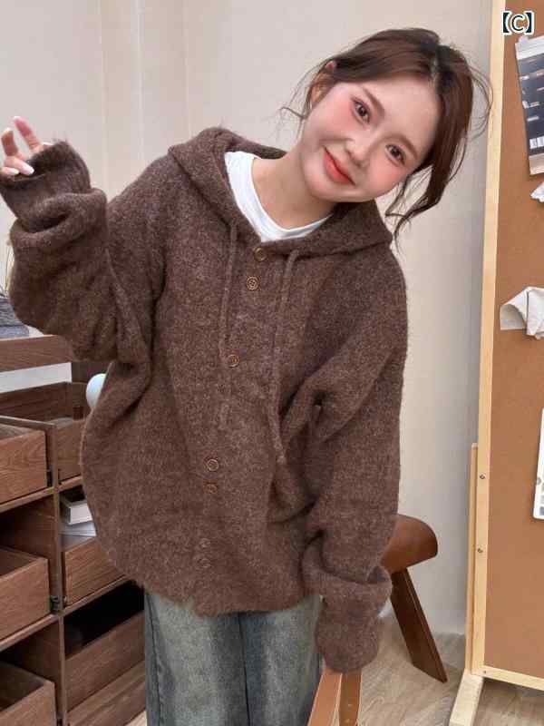 カーディガン レディース フード付き ニット 厚手 ニットカーディガン セーター 羽...