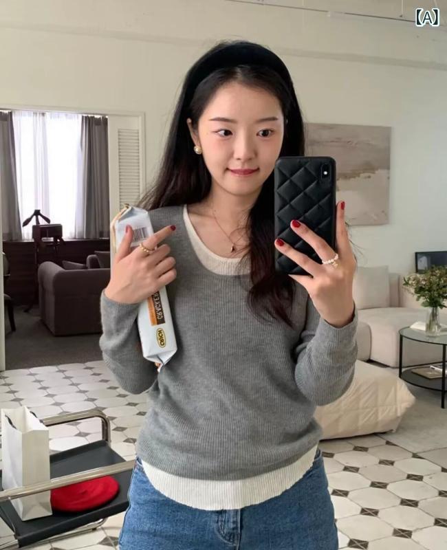 ニット レディース 春服 長袖 重ね着風 フェイクレイヤード プルオーバー トップス...