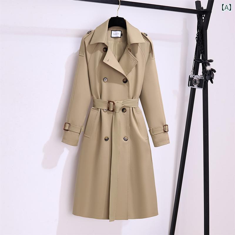 Rain Wear - トレンチコート レディース 春秋 ロング丈 ミドル丈 ウエストマーク 体型カバー 小さいサイズ 羽織り ライトアウター キャンディースリーブ ダブルボタン カーキ 通勤 カジュアル シンプル