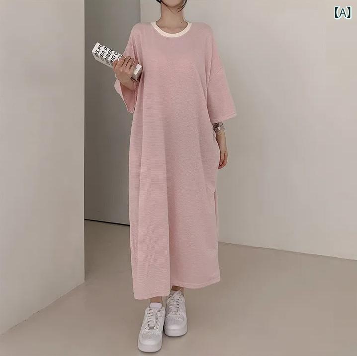 ワンピース レディース 半袖 ストライプ Tシャツワンピ ミモレ丈 ロングワンピース...