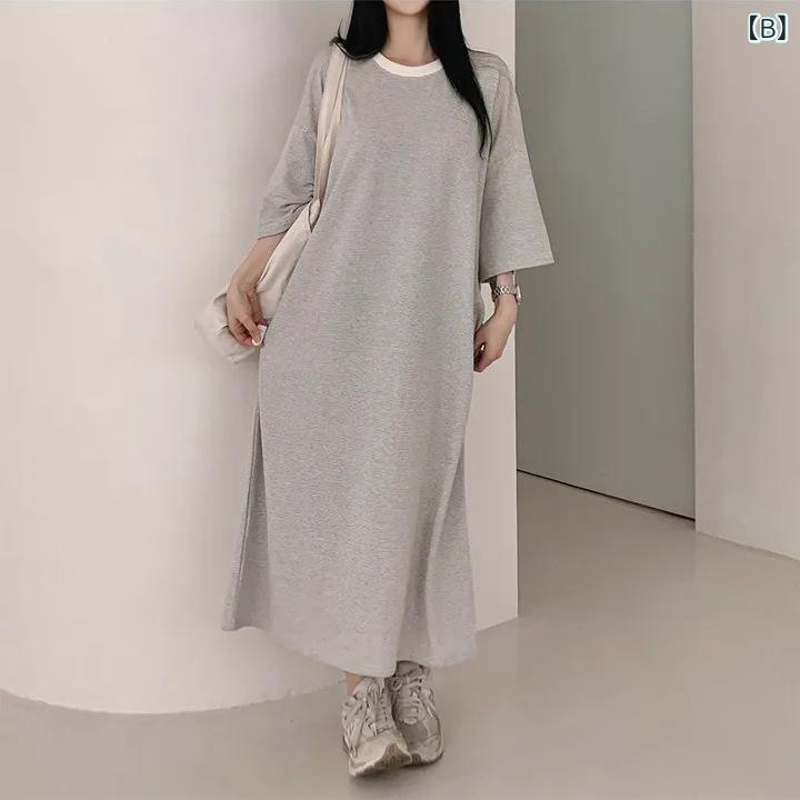 ワンピース レディース 半袖 ストライプ Tシャツワンピ ミモレ丈 ロングワンピース...