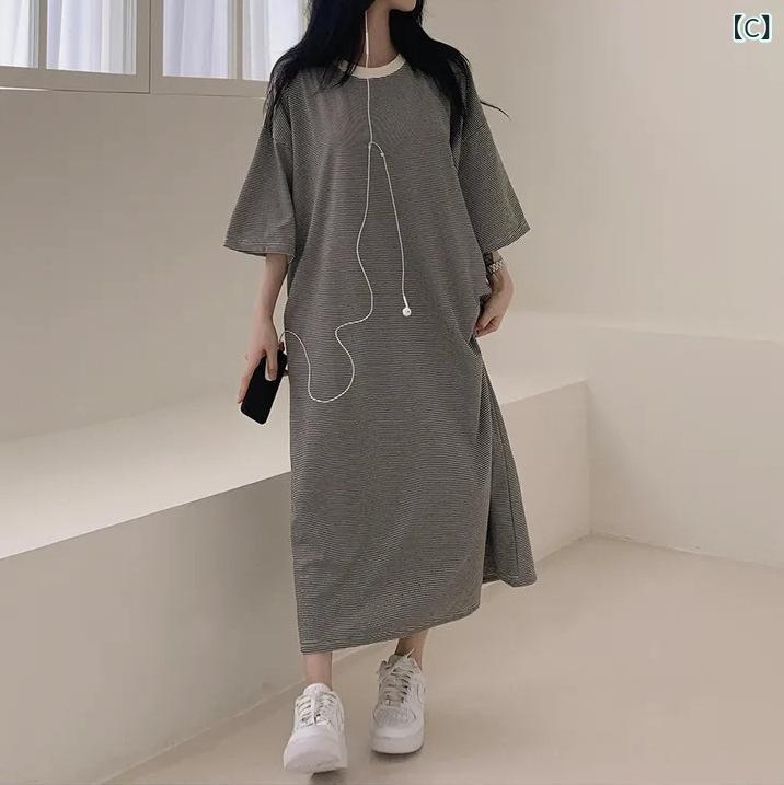 ワンピース レディース 半袖 ストライプ Tシャツワンピ ミモレ丈 ロングワンピース...
