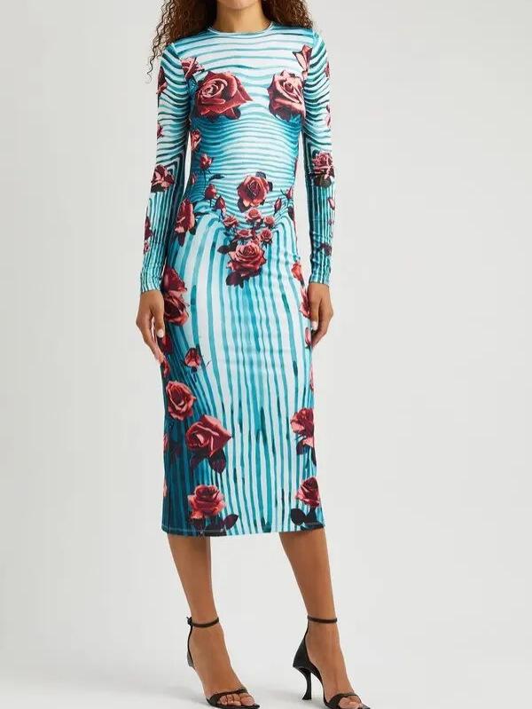 ワンピース レディース 長袖 ロング丈 ストライプ 花柄 Vネック フレア タイトシルエット 伸縮性のある素材 着痩せ お呼ばれ デート服 発表会 演奏会 旅行 リゾート