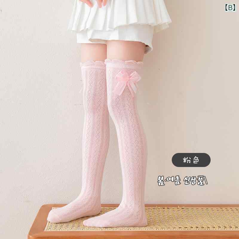 靴下 キッズ 女の子 ハイソックス 子供用 薄手 膝上丈 リボン 綿混素材 通気性 柔らかい 発表会 入学式 卒園式 幼稚園 小学生 かわいい おしゃれ 春夏秋用 通学 通園 お出かけ 動きやすい 快適 2
