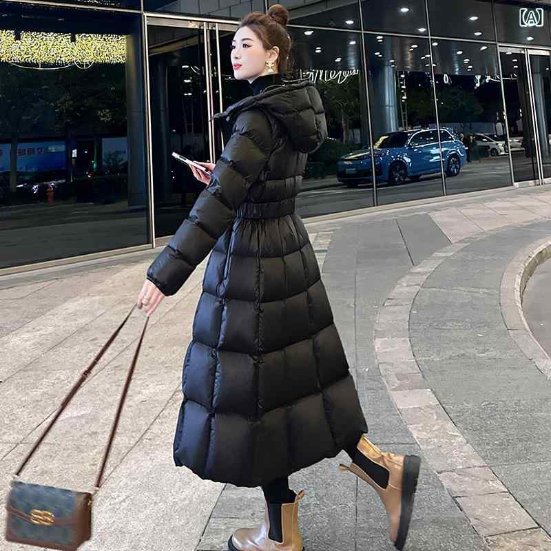 ダウンコート レディース ロング丈 アウター 防寒ジャケット 暖かい フード付き ジップアップ 撥水加工 防風 シンプル 無地 ベーシック 防寒着 厚手 動きやすい 立ち襟 ロングコート