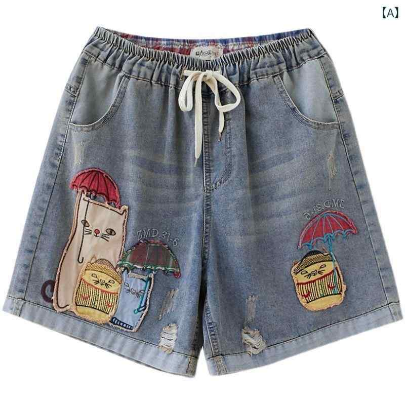 ショートパンツ レディース デニム ジーンズ ワイドパンツ 短パン ボトムス 刺繡入り ウエストゴム 大きいサイズ 動きやすい ハイウエスト ゆったり体型カバー 普段使い アウトドア 部屋着 カジュアル