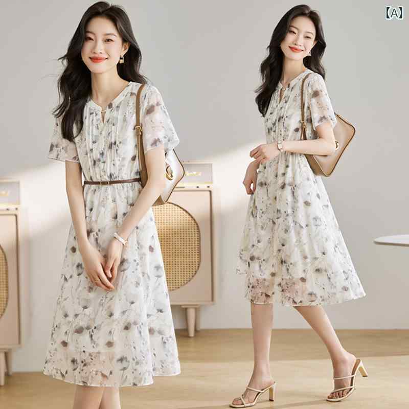 ワンピース レディース ドレス 花柄 水墨画風 レトロ Aライン 半袖 ロング丈 着痩せ ウエストシェイプ 大人 通勤 お出かけ 普段使い 旅..